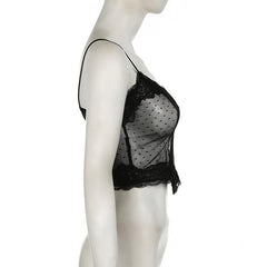 Mesh stitch see through lace hem polka dot cami top