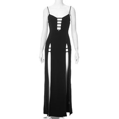 Hollow out high slit backless cami maxi dress