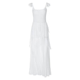 Ruched ruffle square neck sheer mesh cami maxi dress | samba dress