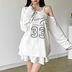 One shoulder long sleeve "33" print top