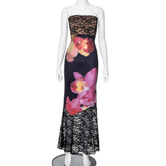 Lace flower print patchwork backless tube maxi dress