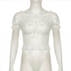 Short puff sleeve ruffle ruched knotted crop top