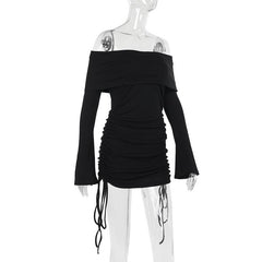 Long flared sleeve off shoulder drawstring mini dress