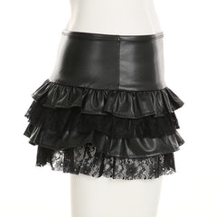 PU leather lace patchwork ruched mini skirt