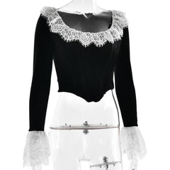 Long flared sleeve lace patchwork velvet zip-up top