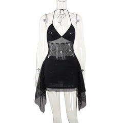 Halter ruffle see through pin applique fishnet mini dress