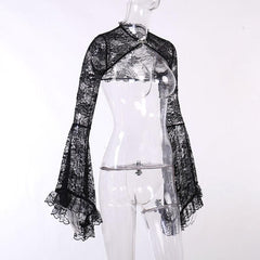 Solid flared sleeve lace hem button hollow out shrug cut out top