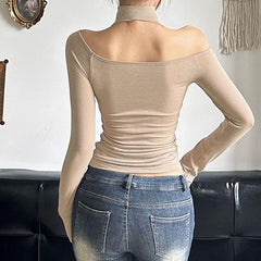 Long sleeve halter off shoulder ruched top