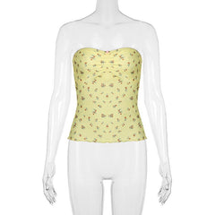 Ruched ruffle print flower applique tube top