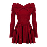 Off shoulder long sleeve beaded bowknot mini dress