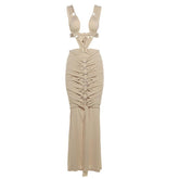 O ring textured hollow out self tie ruched tank maxi dress | red tango dress