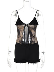V neck lace hem print self tie cami pant set
