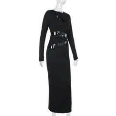 Long sleeve crewneck hollow out maxi dress