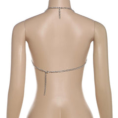 Halter layered metal chain hollow out backless top