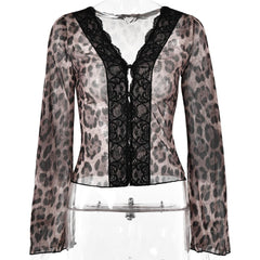 Long sleeve leopard print v neck lace button top