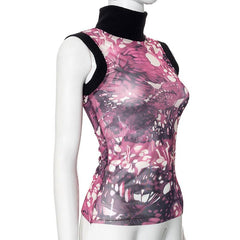Sleeveless high neck butterfly print mesh top