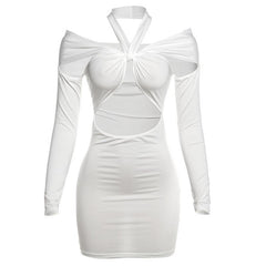 Long sleeve halter hollow out solid mini dress