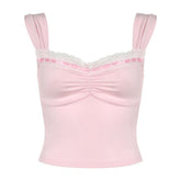 Lace hem ruched ribbon 2-way cami top