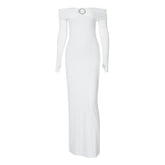 Off shoulder long sleeve slit o ring maxi dress