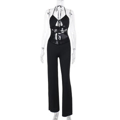 Halter v neck hollow out lace patchwork jumpsuit