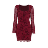Long sleeve flower pattern mesh self tie mini dress | red tango dress