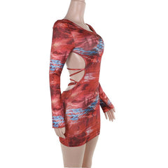 Long sleeve o ring cross front abstract mini dress