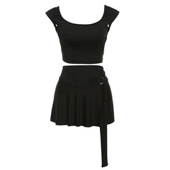 U neck backless o ring solid mini skirt set