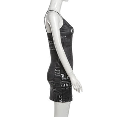 V neck letter print backless cami mini dress
