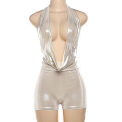 Ruched halter metallic cowl neck low cut romper