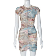Sheer mesh see through abstract ruched short sleeve contrast mini dress | samba dress