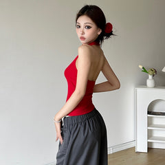 Halter backless flower applique solid top