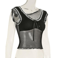 Lace hem mesh bowknot ribbon ruffle top
