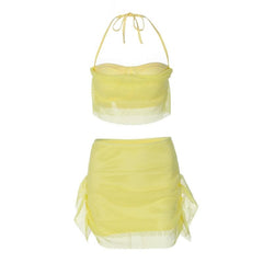 Halter self tie backless fishnet solid tube mini skirt set