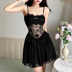 Sweetheart neck metal tag lace ruffle cami mini dress