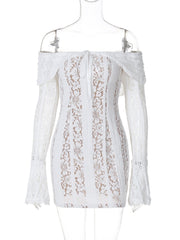 Off shoulder long sleeve lace bowknot mini dress