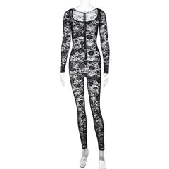 Lace solid zip-up long sleeve see through round neck jumpsuit