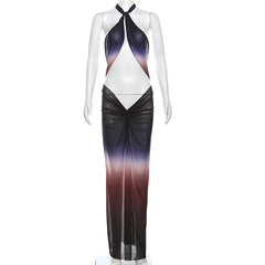 Ruched halter self tie cross front sheer mesh gradient maxi dress | samba dress