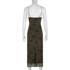 Flower print mesh zip-up cami maxi dress