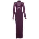 Long sleeve backless high neck patchwork mesh maxi dress