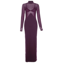 Long sleeve backless high neck patchwork mesh maxi dress