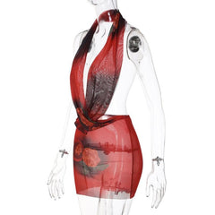 Sheer mesh see through cross front low cut halter backless mini dress | red tango dress | samba dress