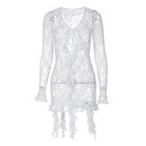 Long flared sleeve ruffle lace see through mini dress | red tango dress