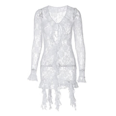 Long flared sleeve ruffle lace see through mini dress | red tango dress