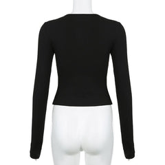 Lace hem hollow out contrast crewneck long sleeve cut out top