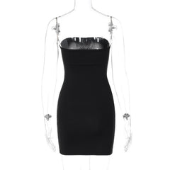 Cross pattern beaded backless tube mini dress | black rave dress