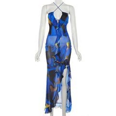 Cross front backless sheer mesh see through slit contrast print maxi dress | samba dress