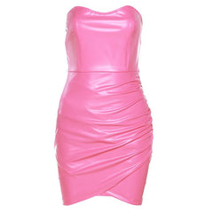 Sweetheart neck PU leather backless mini dress