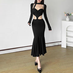 Long sleeve sweetheart neck shrug 2 piece hollow out maxi dress