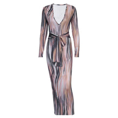 Long sleeve deep v neck knotted print maxi dress