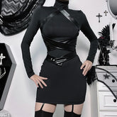 Long sleeve high neck cross front button zip-up mini dress | black rave dress